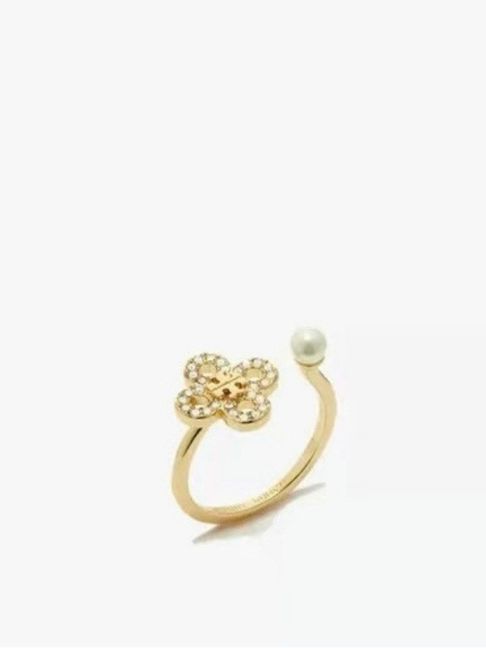 Tory Burch Gold Open Ring with Crystal Flower and Pearl